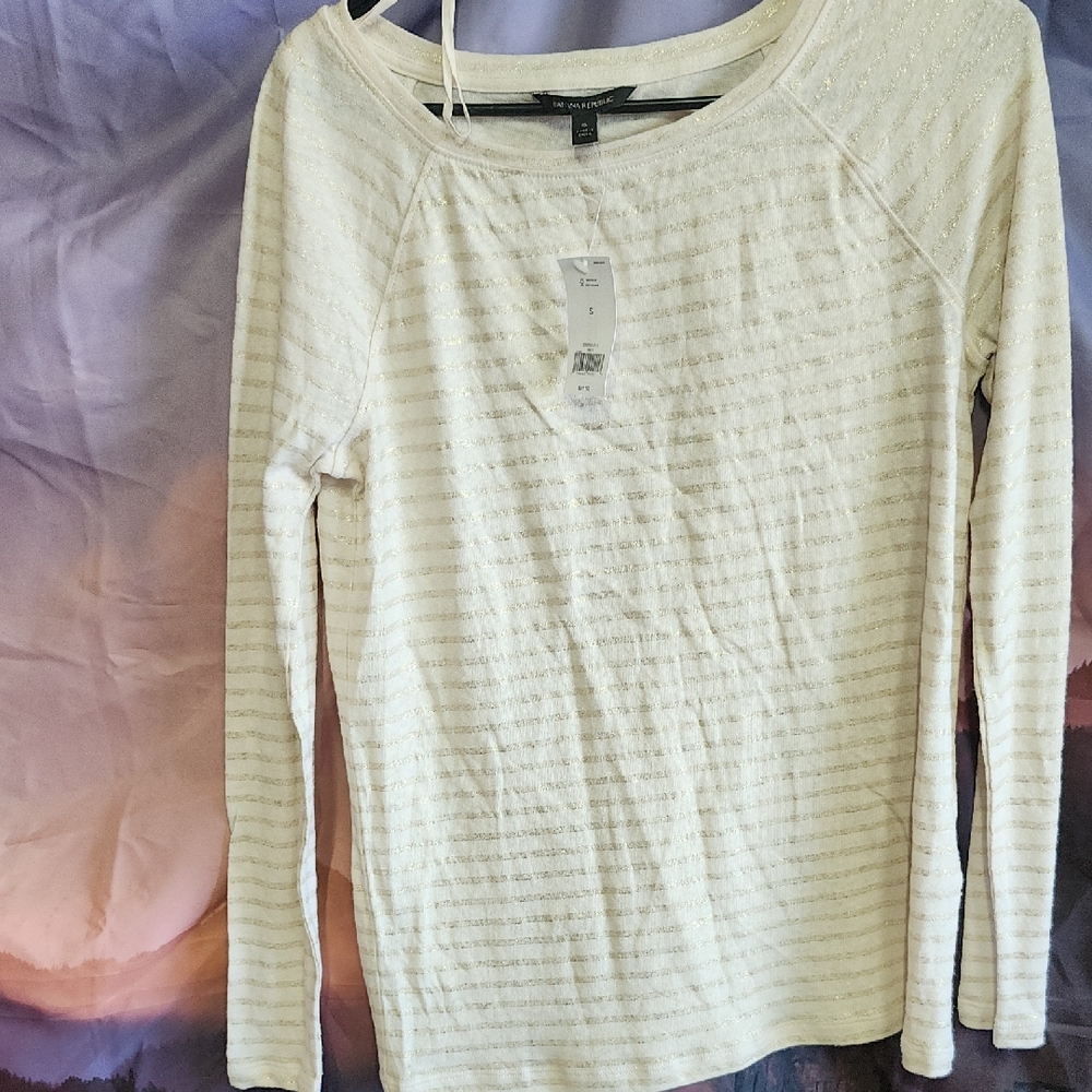 Nwt Chic Cream Striped Women's Top Long Sleeve - Picture 1 of 5